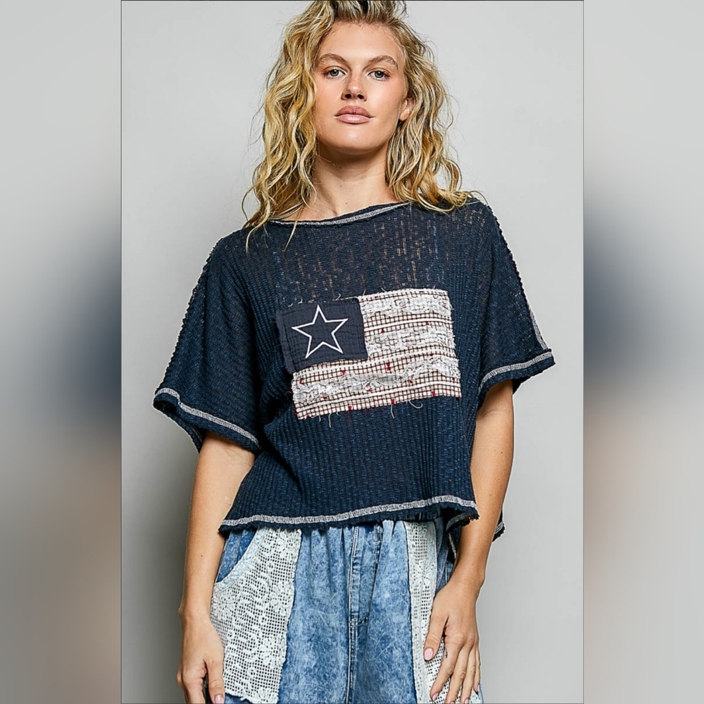 #1423 POL Vintage Americana Star Patch Knit Top (Navy)